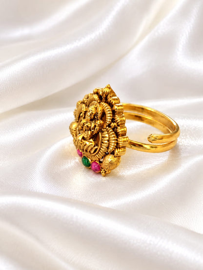 Traditional Lakshmi Devi Temple Jewelry Ring with Ruby & Green Stones | Gold Tone Statement Ring