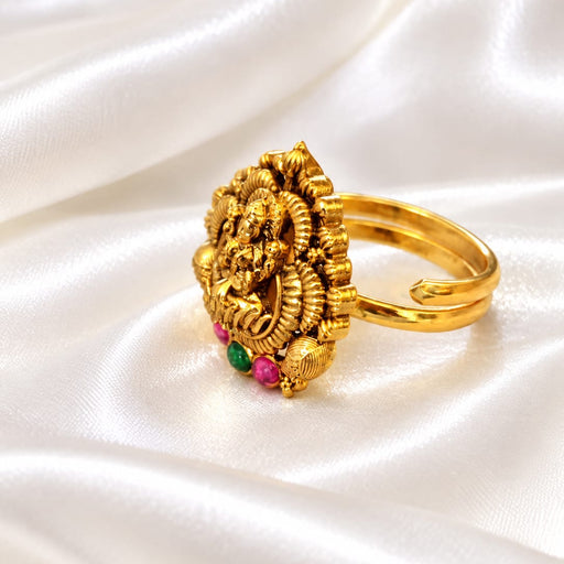 Traditional Lakshmi Devi Temple Jewelry Ring with Ruby & Green Stones | Gold Tone Statement Ring