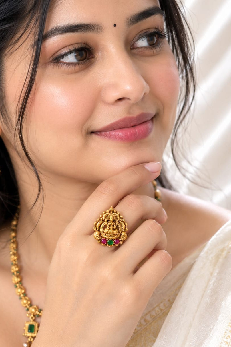 Traditional Lakshmi Devi Temple Jewelry Ring with Ruby & Green Stones | Gold Tone Statement Ring
