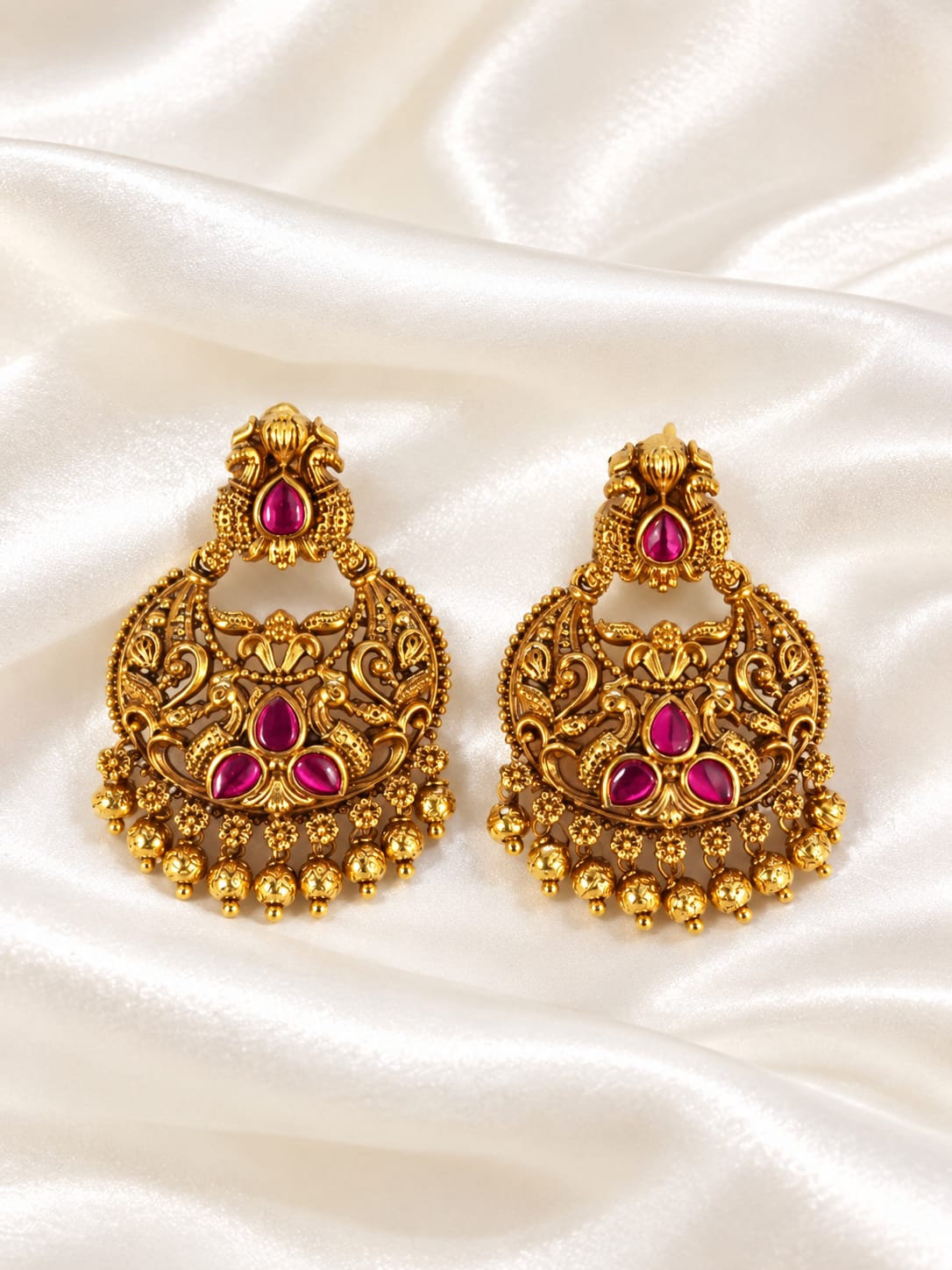Traditional Gold Tone Temple Jewelry Earrings with Ruby & Green Stones | Antique Indian Jhumka Earrings