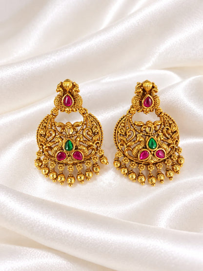 Traditional Gold Tone Temple Jewelry Earrings with Ruby & Green Stones | Antique Indian Jhumka Earrings