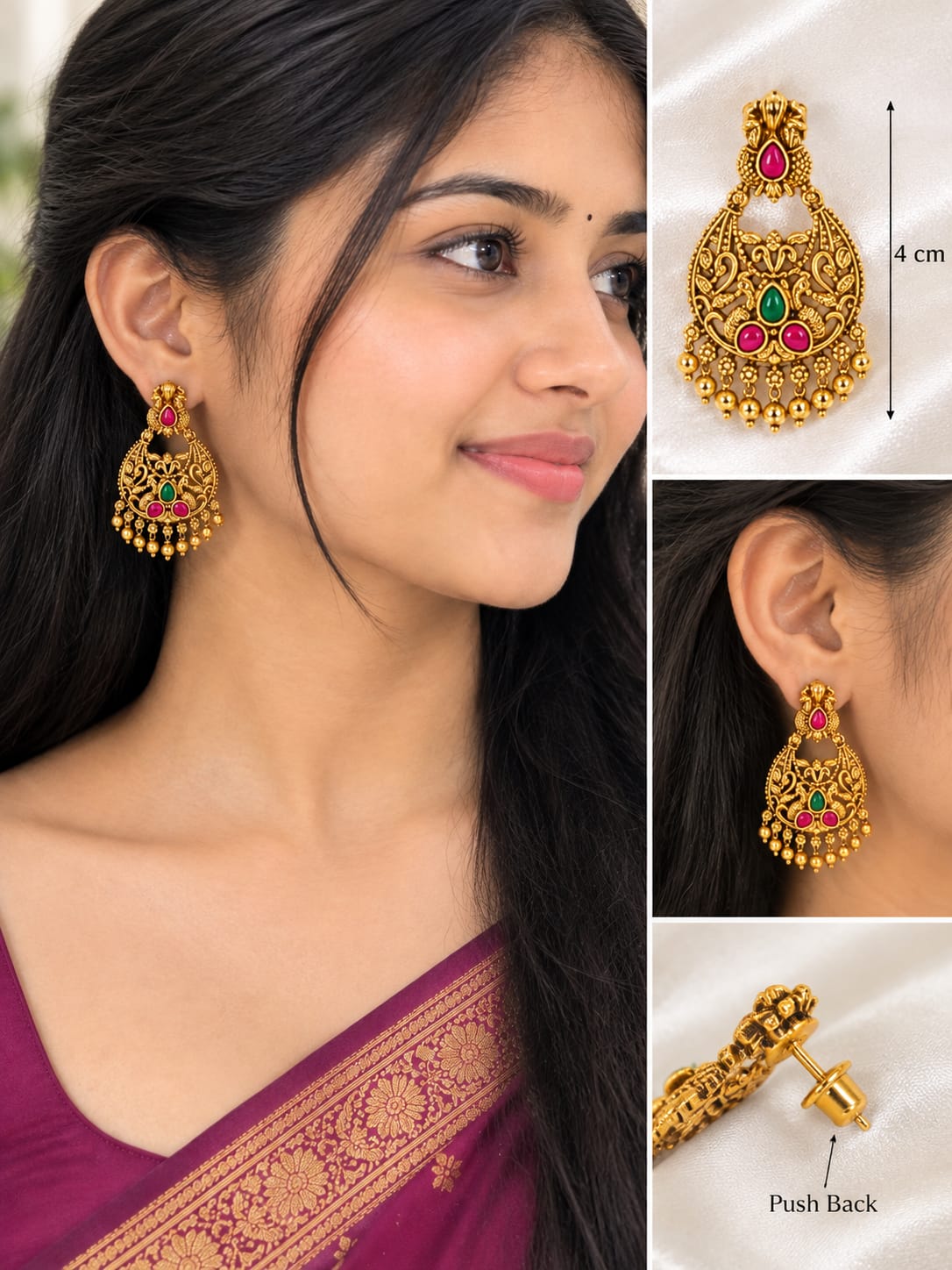 Traditional Gold Tone Temple Jewelry Earrings with Ruby & Green Stones | Antique Indian Jhumka Earrings