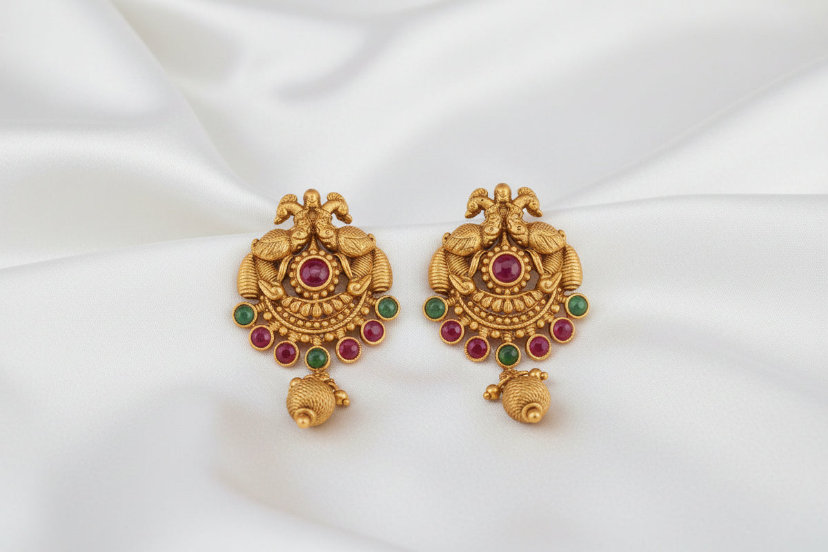✨ Traditional Indian Gold-Tone Peacock Earrings with Ruby & Green Stone Accents