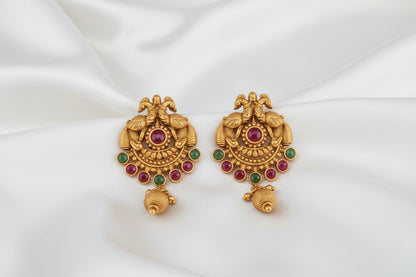 ✨ Traditional Indian Gold-Tone Peacock Earrings with Ruby & Green Stone Accents