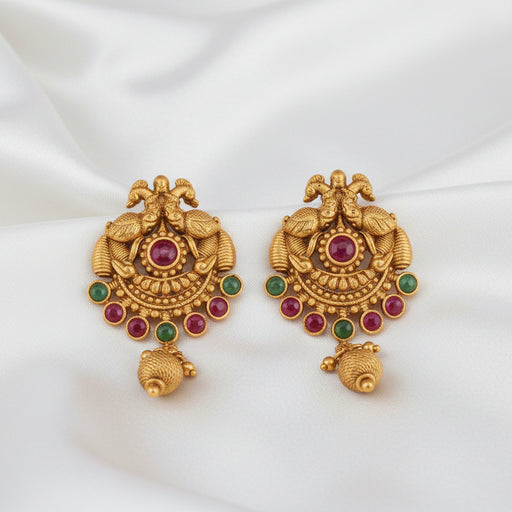 ✨ Traditional Indian Gold-Tone Peacock Earrings with Ruby & Green Stone Accents