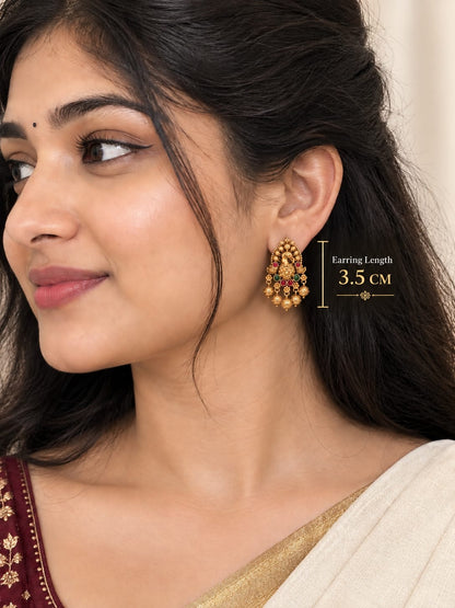 Antique Gold Peacock Stud Earrings with Stone Accents & Hanging Beads