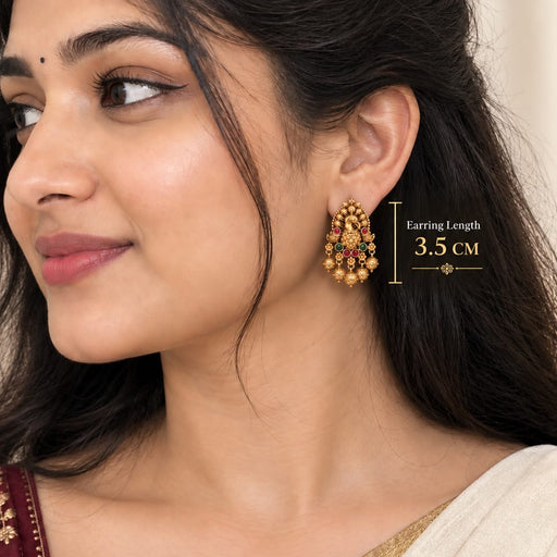 Antique Gold Peacock Stud Earrings with Stone Accents & Hanging Beads
