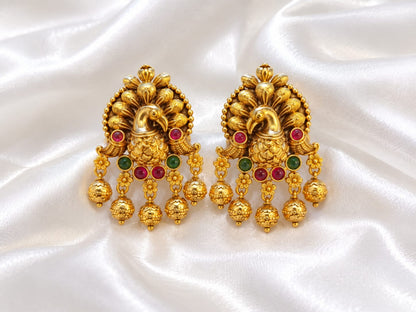 Antique Gold Peacock Stud Earrings with Stone Accents & Hanging Beads