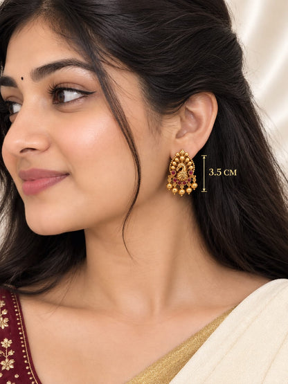 Antique Gold Peacock Stud Earrings with Stone Accents & Hanging Beads