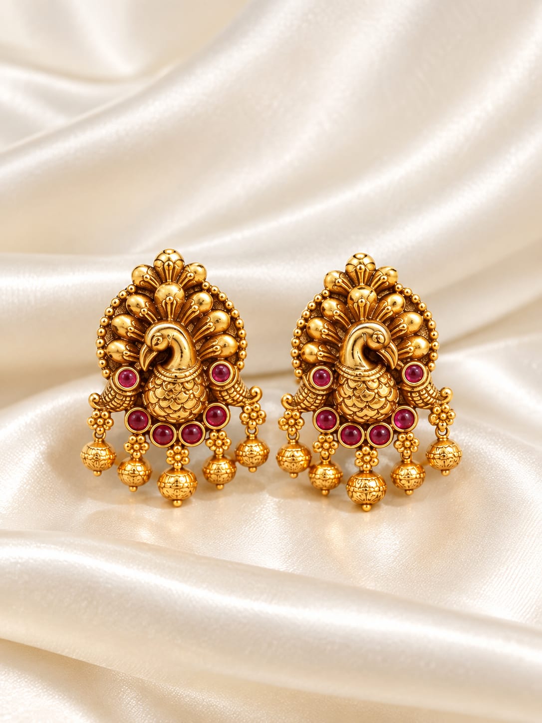 Antique Gold Peacock Stud Earrings with Stone Accents & Hanging Beads