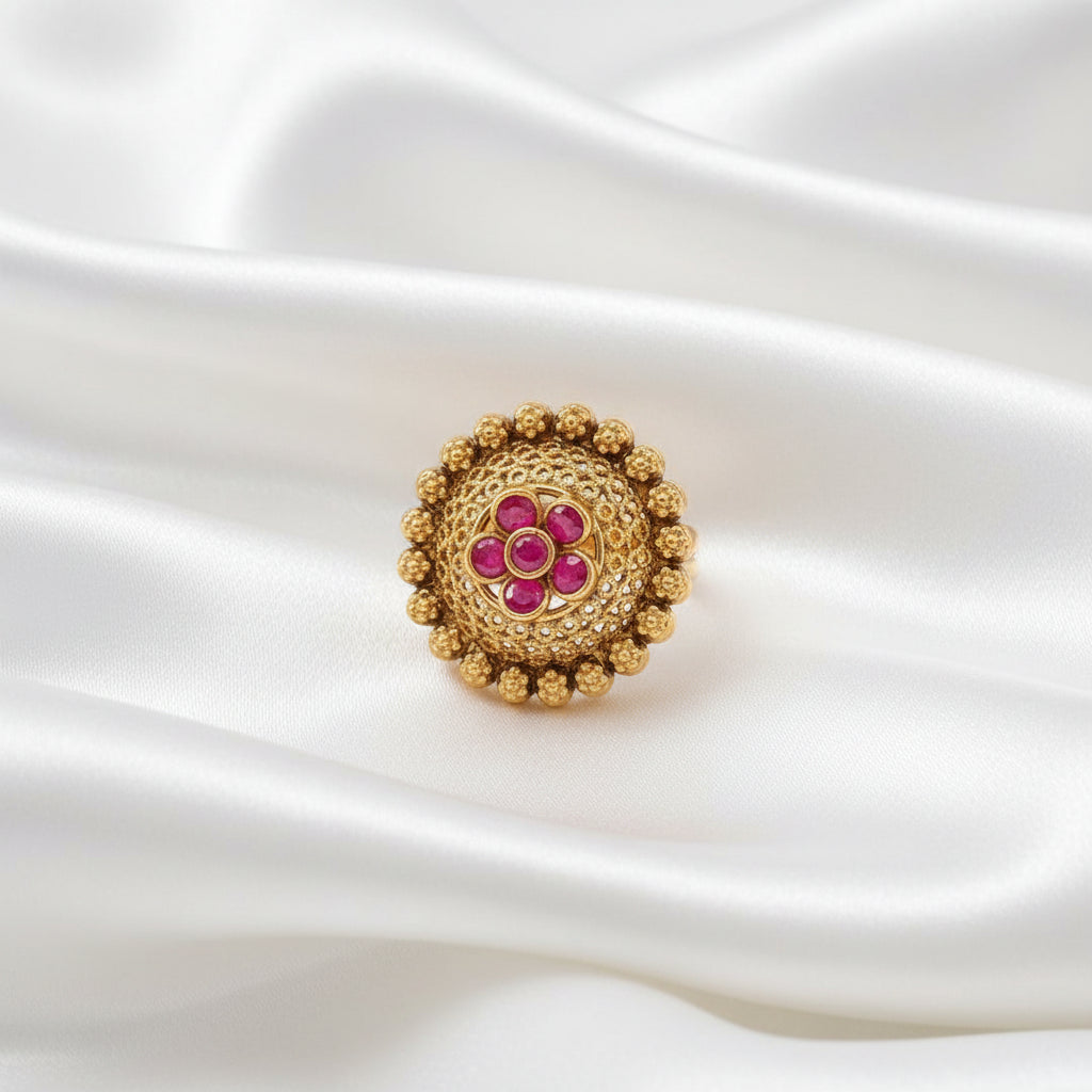 ✨ Vintage Gold Ruby Floral Ring – Statement Indian Filigree Ring