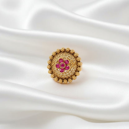 ✨ Vintage Gold Ruby Floral Ring – Statement Indian Filigree Ring