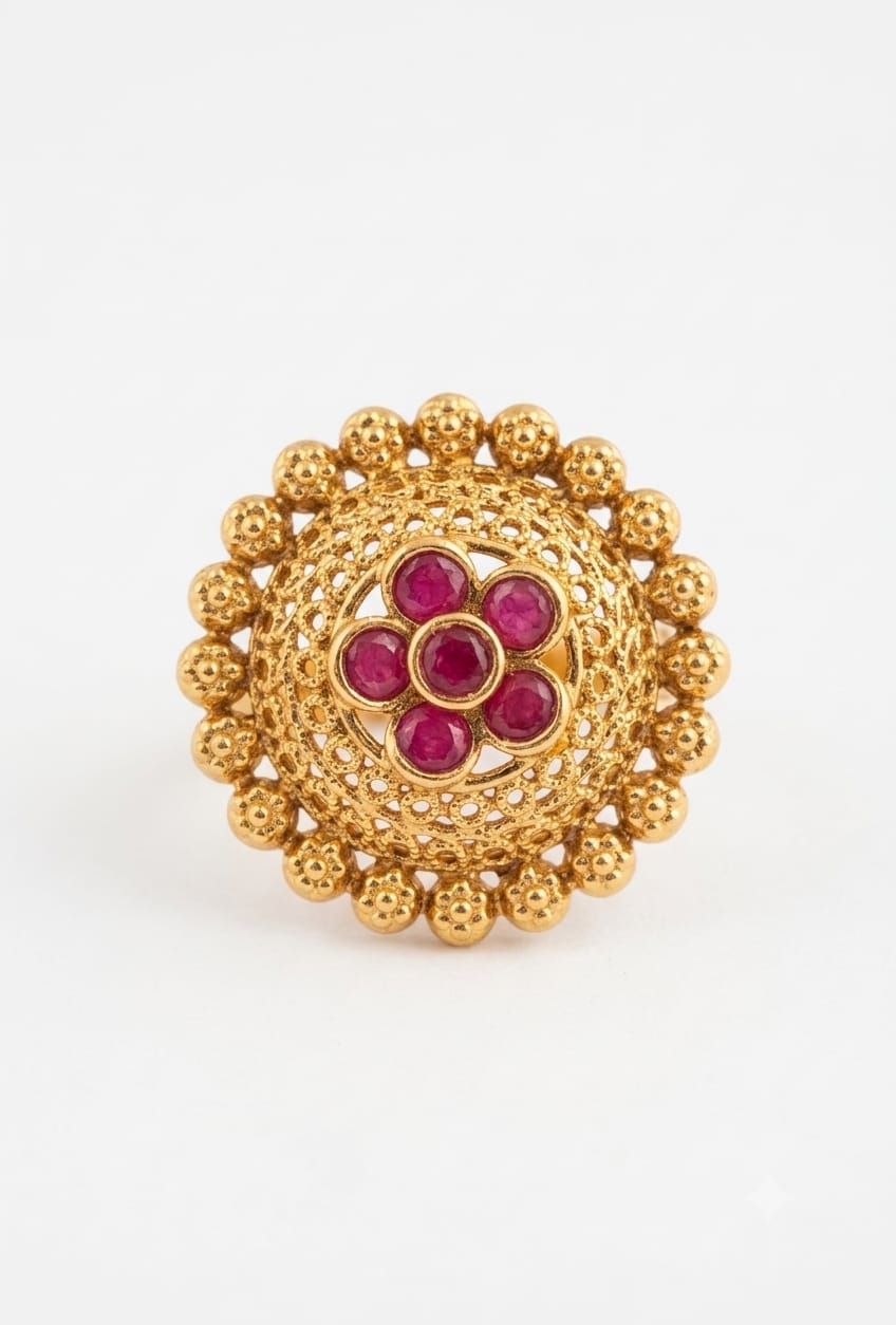 ✨ Vintage Gold Ruby Floral Ring – Statement Indian Filigree Ring
