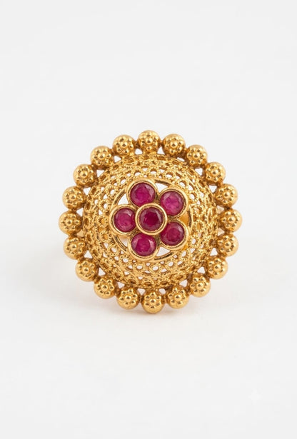 ✨ Vintage Gold Ruby Floral Ring – Statement Indian Filigree Ring