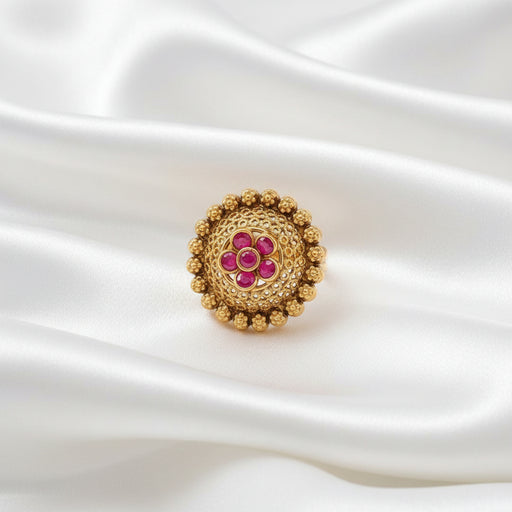✨ Vintage Gold Ruby Floral Ring – Statement Indian Filigree Ring