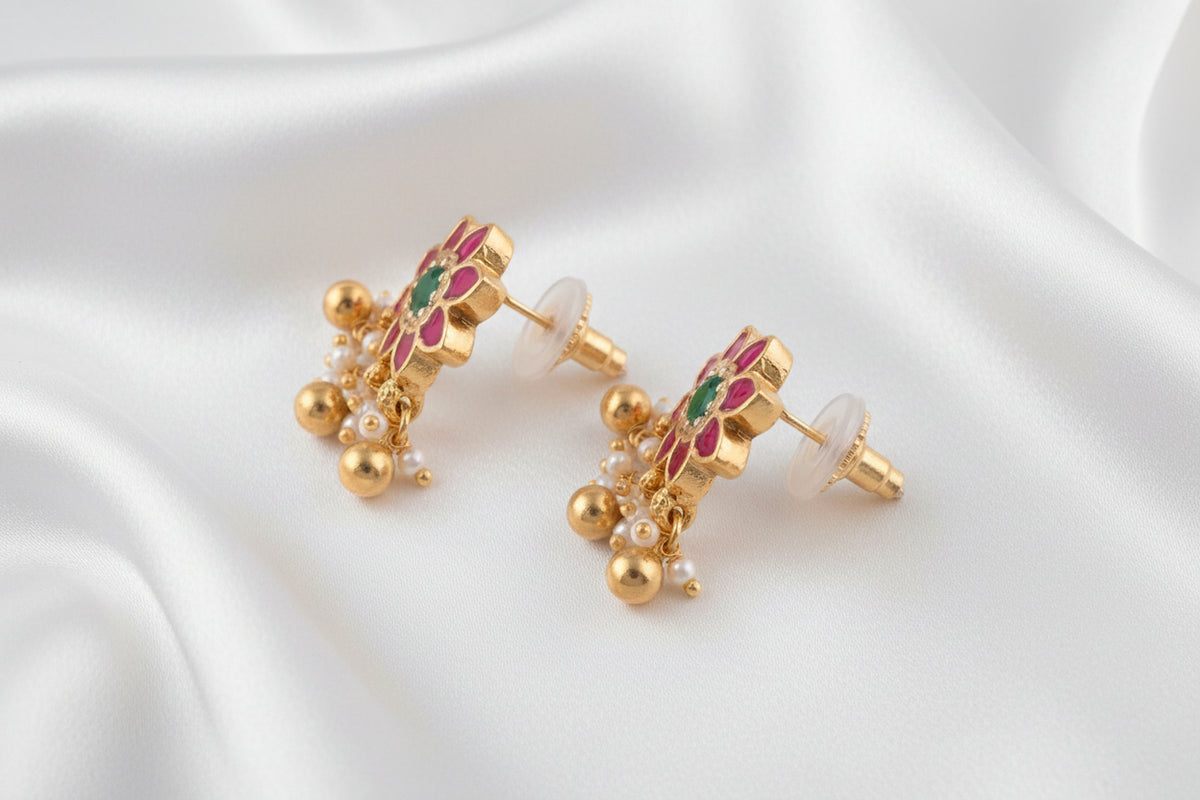 Pink✨🌸 Flower Earrings with Green Stone &  Floral Dangle Earrings