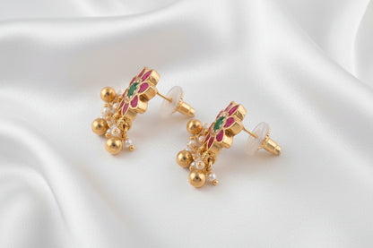 Pink✨🌸 Flower Earrings with Green Stone &  Floral Dangle Earrings