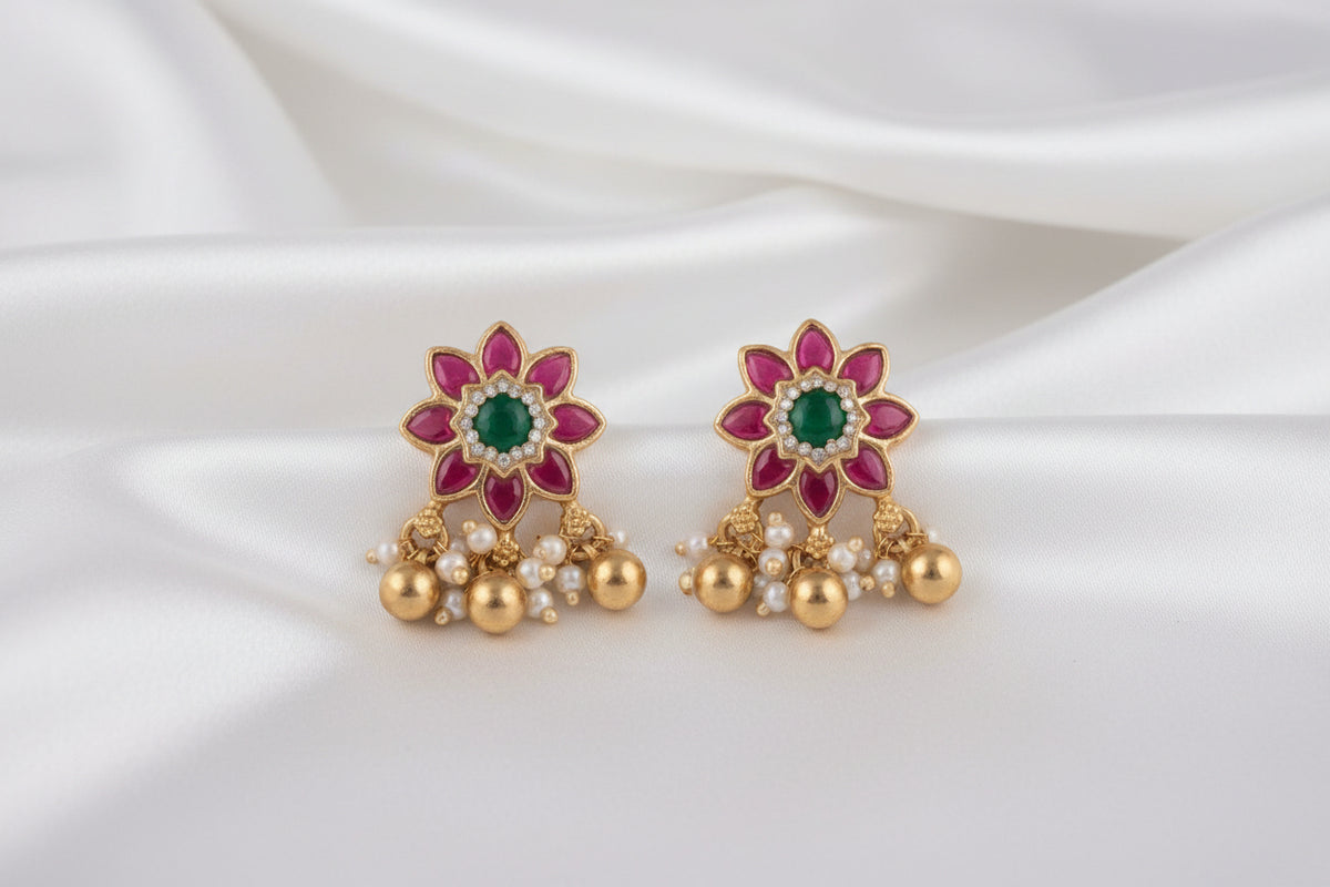 Pink✨🌸 Flower Earrings with Green Stone &  Floral Dangle Earrings