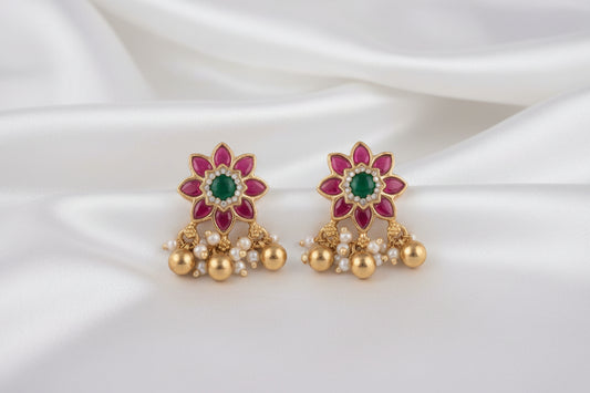Pink✨🌸 Flower Earrings with Green Stone &  Floral Dangle Earrings