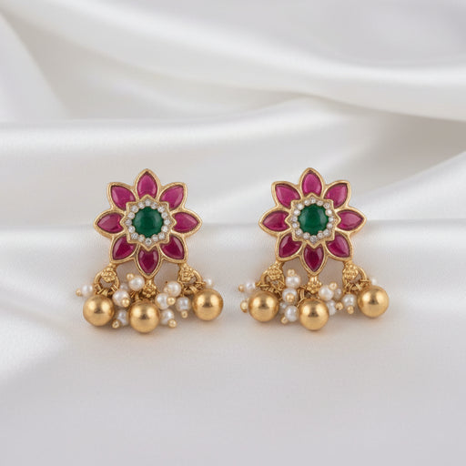 Pink✨🌸 Flower Earrings with Green Stone &  Floral Dangle Earrings
