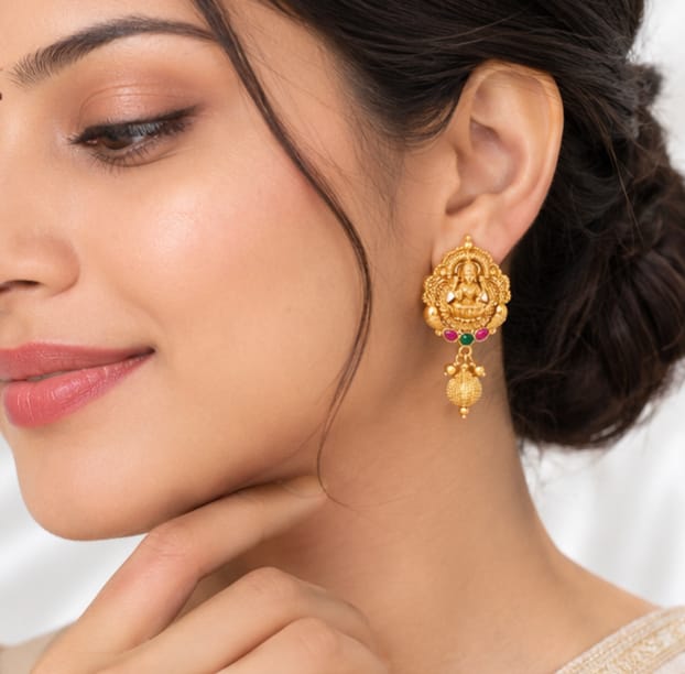 Traditional Antique Gold-Plated Lakshmi Stud Earrings with Ruby & Emerald Stones