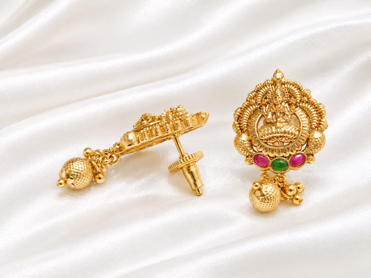 Traditional Antique Gold-Plated Lakshmi Stud Earrings with Ruby & Emerald Stones