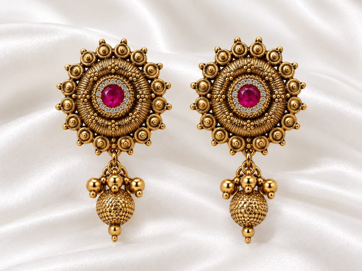 Traditional Antique Gold-Plated Sunburst Temple Stud Earrings with Gemstone & Dangle Drop