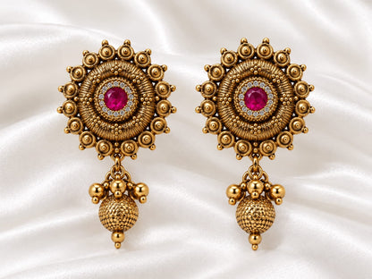 Traditional Antique Gold-Plated Sunburst Temple Stud Earrings with Gemstone & Dangle Drop