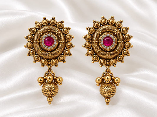 Traditional Antique Gold-Plated Sunburst Temple Stud Earrings with Gemstone & Dangle Drop