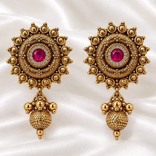 Traditional Antique Gold-Plated Sunburst Temple Stud Earrings with Gemstone & Dangle Drop