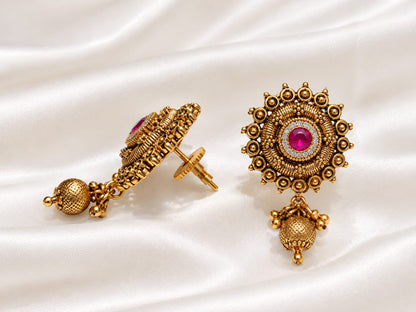 Traditional Antique Gold-Plated Sunburst Temple Stud Earrings with Gemstone & Dangle Drop