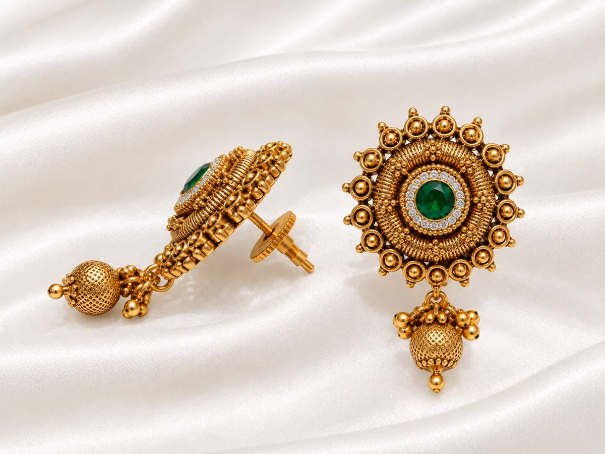 Traditional Antique Gold-Plated Sunburst Temple Stud Earrings with Gemstone & Dangle Drop