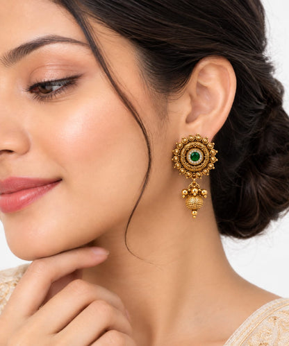 Traditional Antique Gold-Plated Sunburst Temple Stud Earrings with Gemstone & Dangle Drop