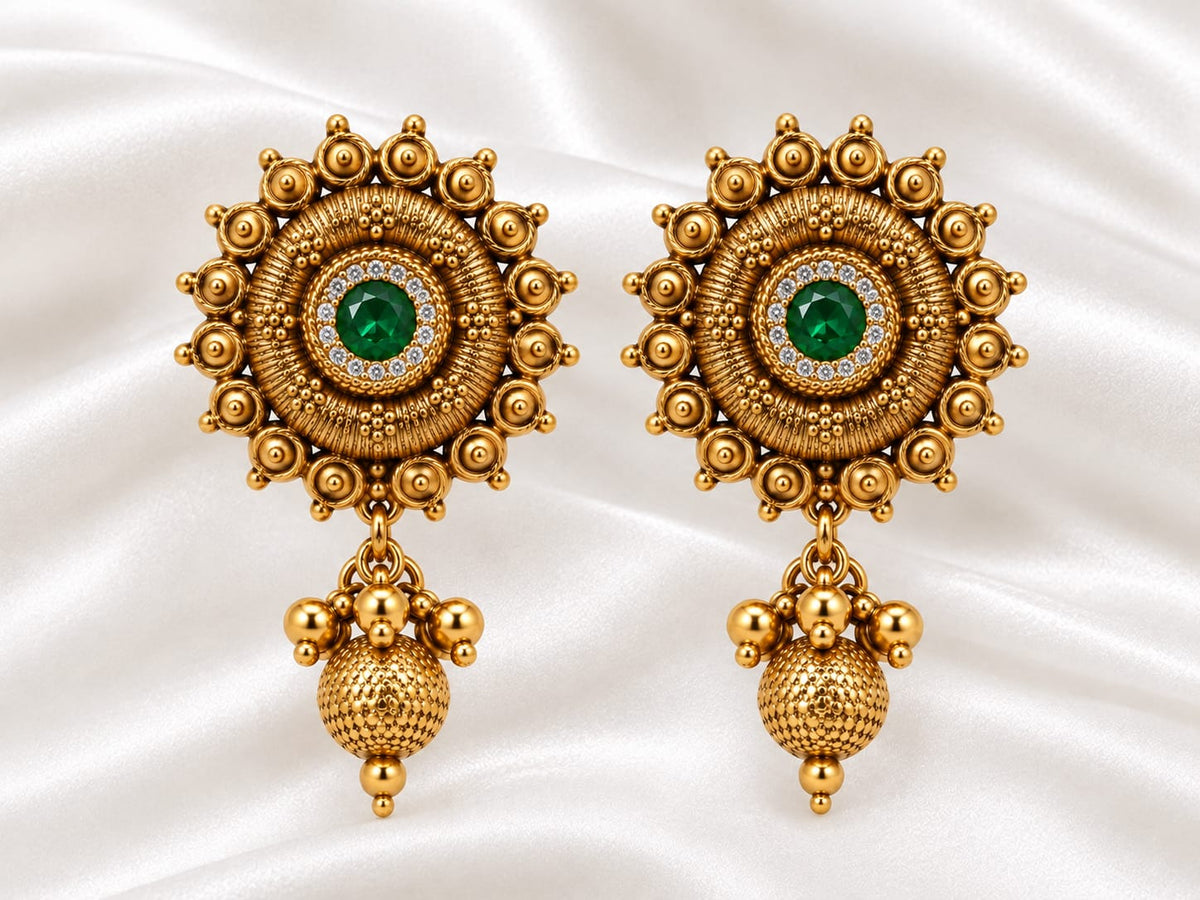 Traditional Antique Gold-Plated Sunburst Temple Stud Earrings with Gemstone & Dangle Drop
