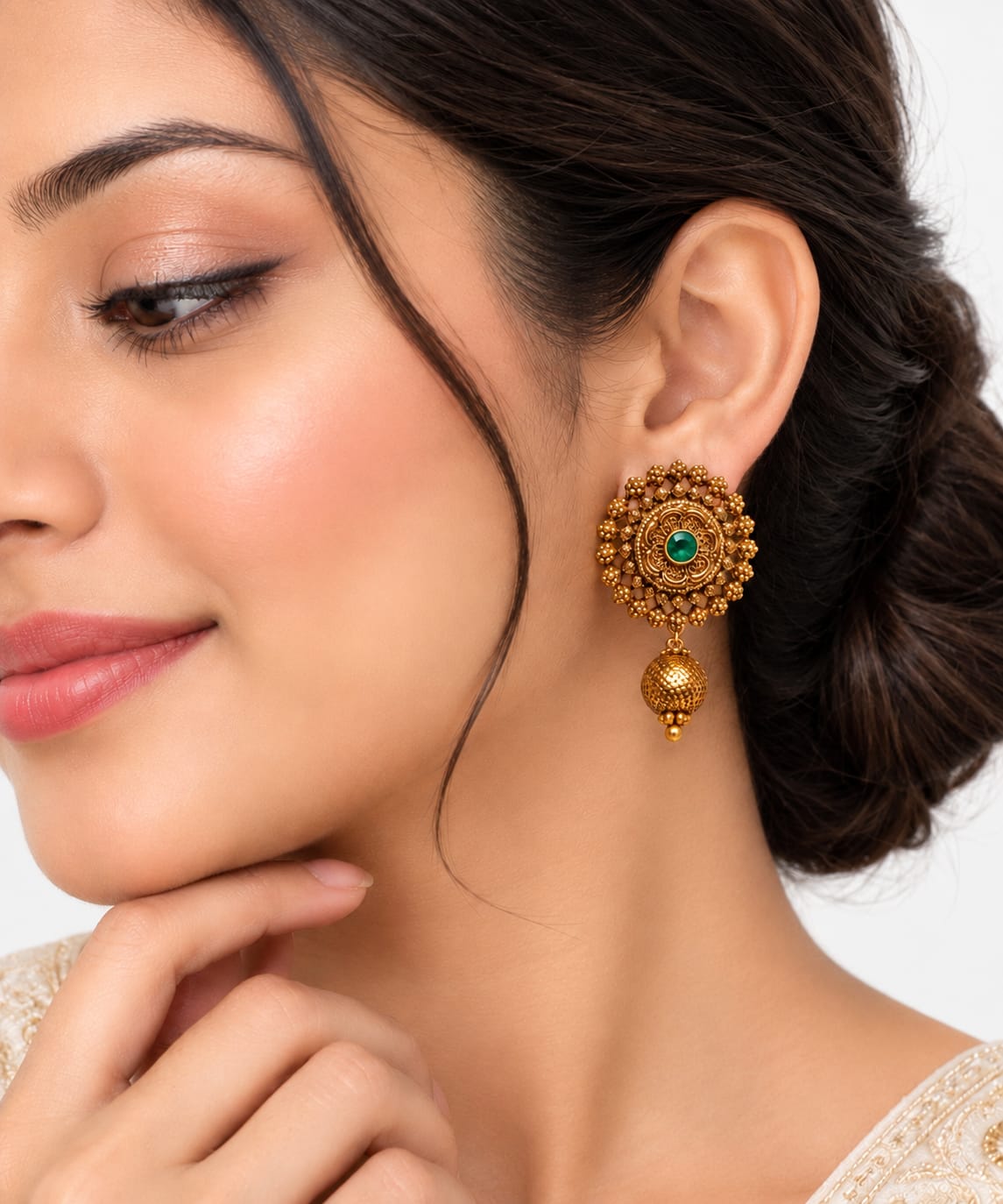 Antique Gold-Plated Floral Temple Stud Earrings with Gemstone & Bead Dangle