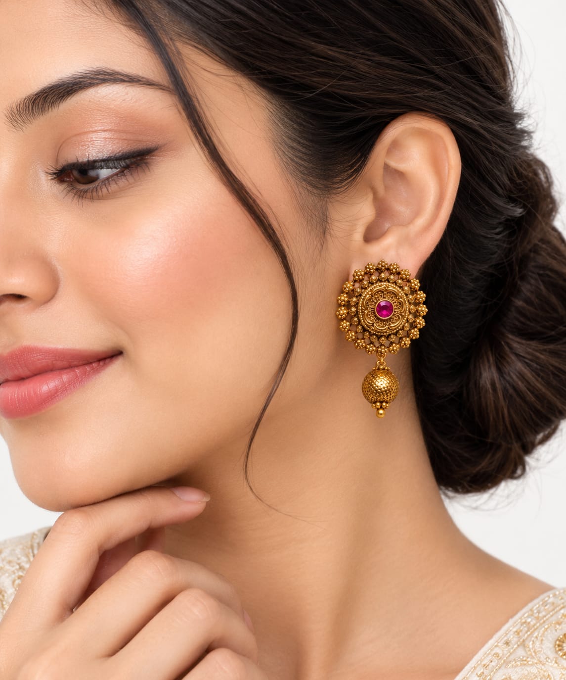 Antique Gold-Plated Floral Temple Stud Earrings with Gemstone & Bead Dangle
