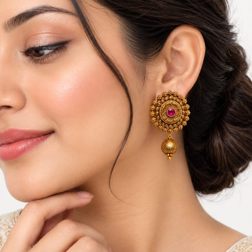 Antique Gold-Plated Floral Temple Stud Earrings with Gemstone & Bead Dangle