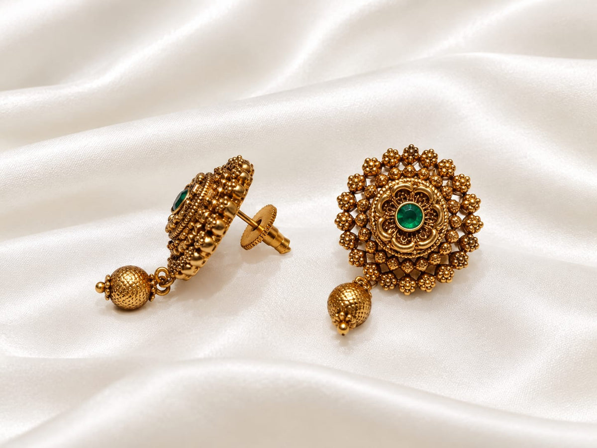 Antique Gold-Plated Floral Temple Stud Earrings with Gemstone & Bead Dangle