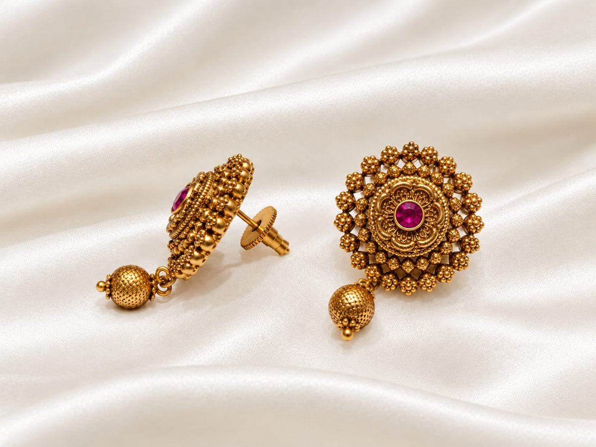 Antique Gold-Plated Floral Temple Stud Earrings with Gemstone & Bead Dangle