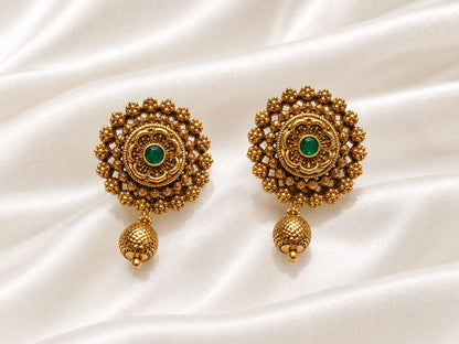 Antique Gold-Plated Floral Temple Stud Earrings with Gemstone & Bead Dangle
