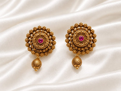 Antique Gold-Plated Floral Temple Stud Earrings with Gemstone & Bead Dangle