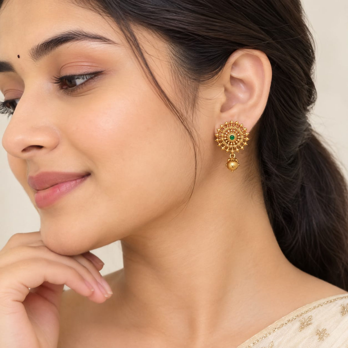 Antique Gold Floral Mandala Stud Earrings with Drops