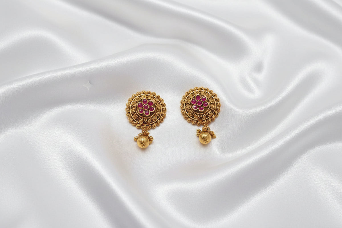 Antique Gold Floral Stud Earrings with Ruby & Emerald Stones