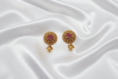 Antique Gold Floral Stud Earrings with Ruby & Emerald Stones