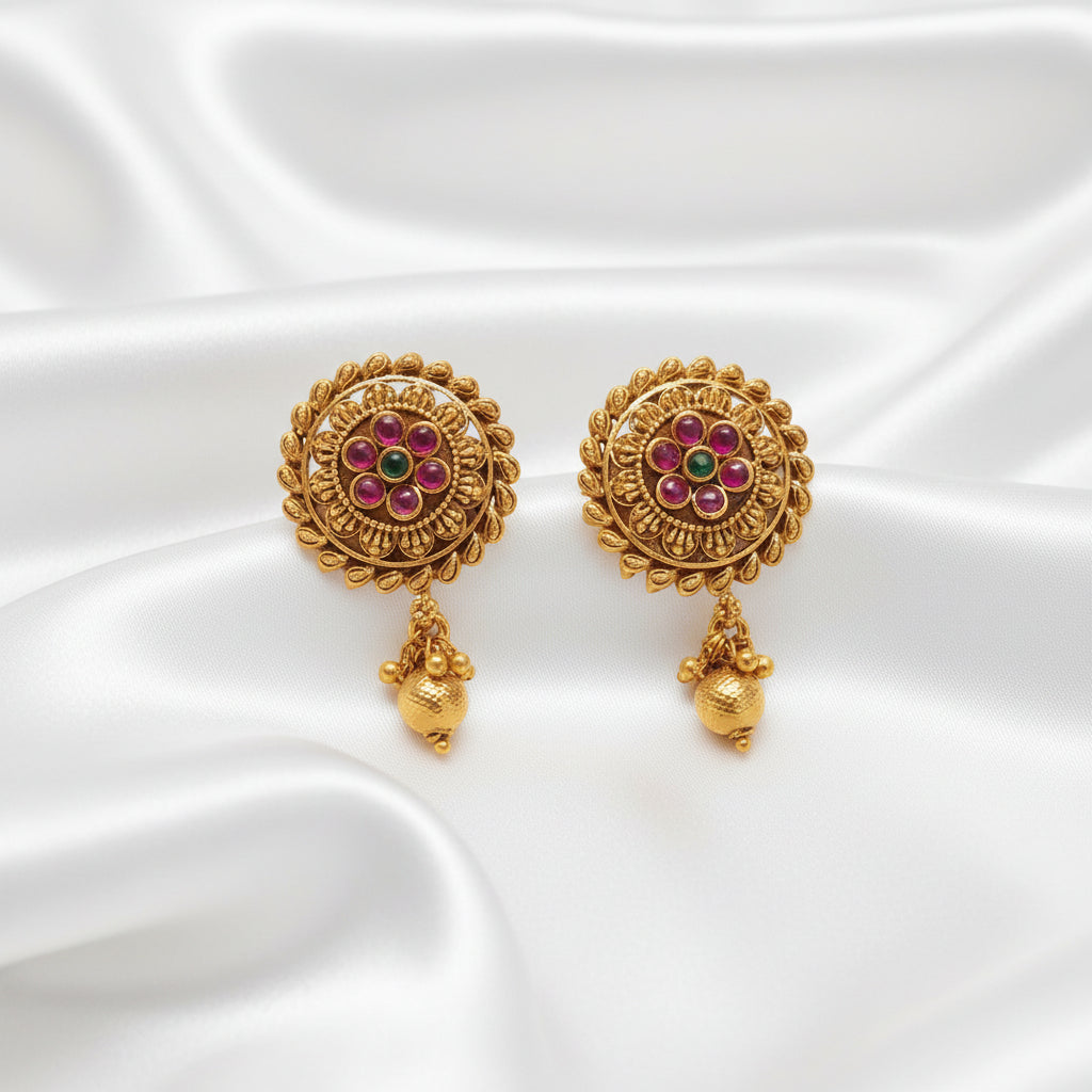 Antique Gold Floral Stud Earrings with Ruby & Emerald Stones