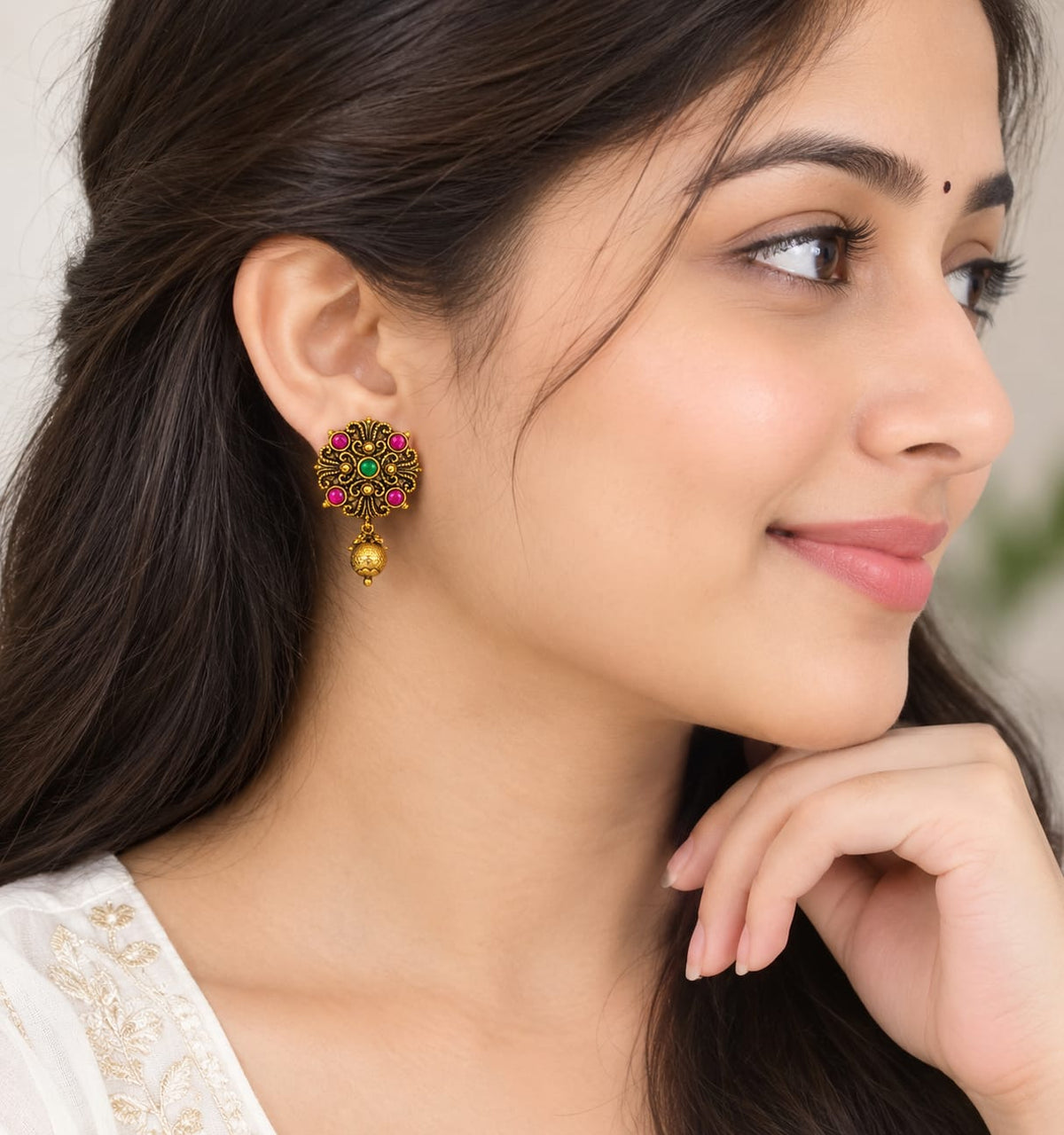Antique Gold Filigree Stud Earrings with Pink & Green Stones