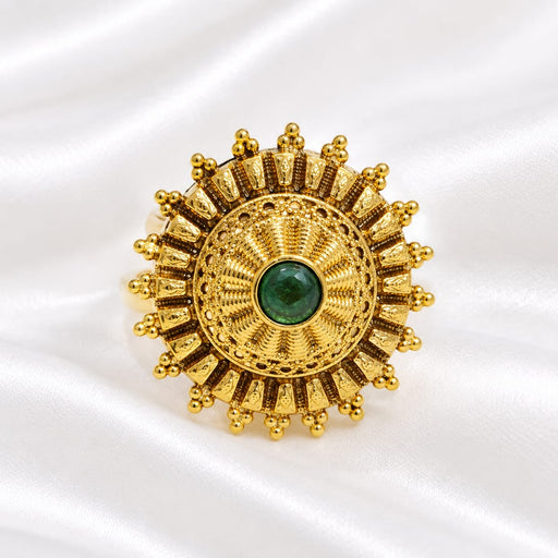 Antique Gold Circular Statement Ring with Emerald Green Stone Center💍