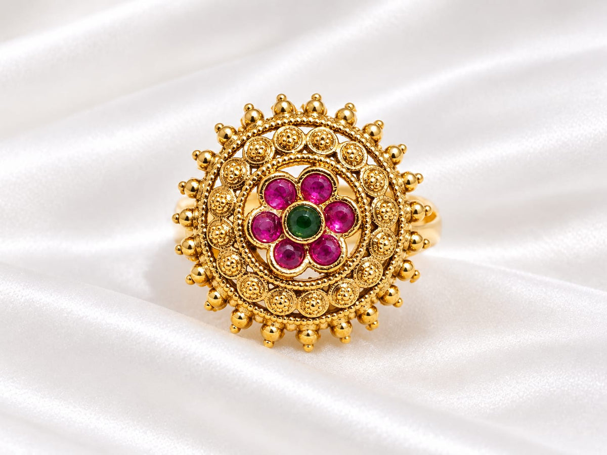 Antique Gold Plated Floral Ruby & Green Stone Statement Ring💍