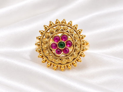 Antique Gold Plated Floral Ruby & Green Stone Statement Ring💍