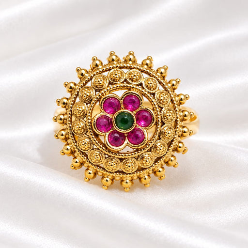 Antique Gold Plated Floral Ruby & Green Stone Statement Ring💍